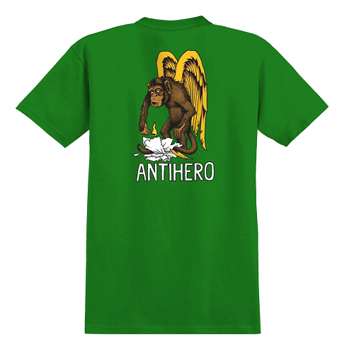 A green short-sleeve t-shirt with a graphic on the back featuring a winged brown ape setting toilet paper on fire, with the word 'ANTIHERO' printed below in white.