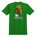 A green short-sleeve t-shirt with a graphic on the back featuring a winged brown ape setting toilet paper on fire, with the word 'ANTIHERO' printed below in white.