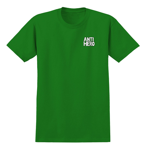 A bright green short-sleeve crewneck t-shirt with the words 'ANTI HERO' printed in white block letters on the left chest, displayed on a solid white background.