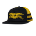 A black trucker hat with a yellow embroidered eagle and banner graphic on the front, and yellow mesh side panels with black stripes, shown on a plain white background.