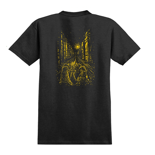 Heather grey tshirt wtih yellow pigeons looking down a street lit by fire.