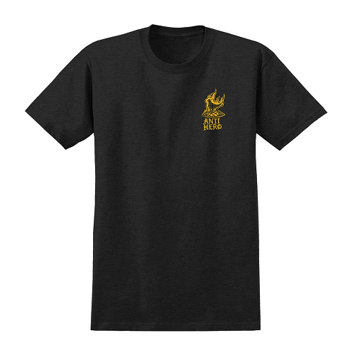 A black short-sleeve crewneck t-shirt with a small yellow graphic on the left chest depicting a soldier and the text 'ANTIHERO'.
