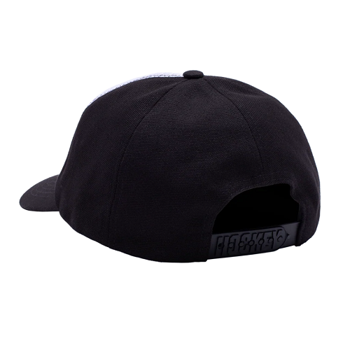 Back of a black Hockey reversed mesh trucker hat. Mesh front, canvas back. 