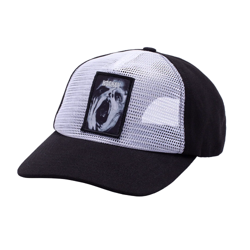 A white and black Hockey reversed mesh trucker hat, white mesh front with a patch featuring a face screaming and the word Hockey. Black bill and back of the hat.
