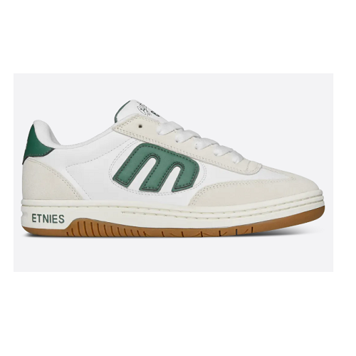 Side view of a white Etnies Locut Andy Anderson shoe with green E and the text etnies.