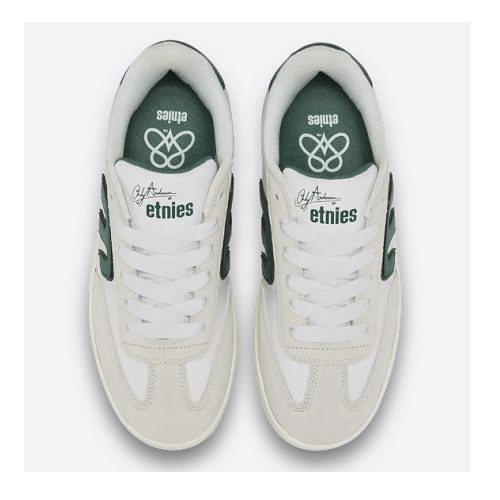 Top view of a white Etnies Locut Andy Anderson shoe with green E and the text etnies.