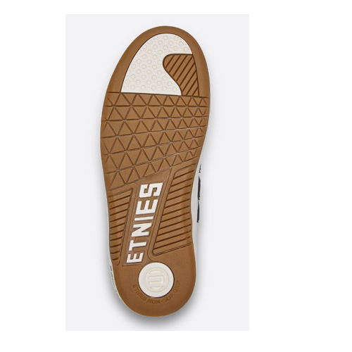 Bottom view of Etnies Locut Andy Anderson shoe with gum sole and text Etnies.