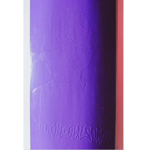 A close up picture of an FA skateboard with an embossed graphic and logo on a white background. 