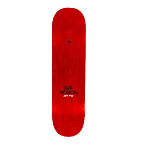 Top view of a FA skateboard in red stain with text Jake Anderson and Fucking Awesome on a white background. 