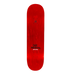Top view of a FA skateboard in red stain with text Jake Anderson and Fucking Awesome on a white background. 