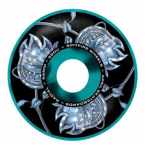 Picture of spitfire wheel in a teal and black swirl color. Images of silver spitfire bighead graphic on a white background. 