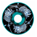 Picture of spitfire wheel in a teal and black swirl color. Images of silver spitfire bighead graphic on a white background. 
