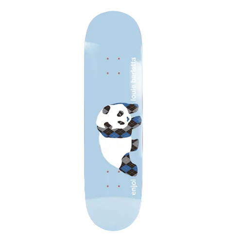 A light blue Enjoi skateboard featuring a panda with argyle design and text Enjoi Louie Barletta.