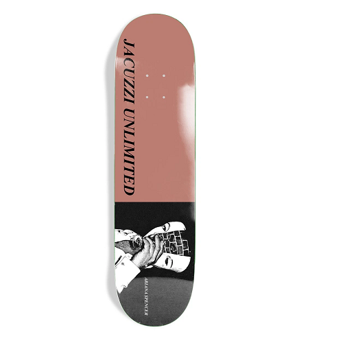 A skateboard deck shown vertically against a plain white background. The deck features a dusty rose pink upper half with the text 'JACUZZI UNLIMITED' printed vertically in black, and a black-and-white graphic illustration on the lower half.