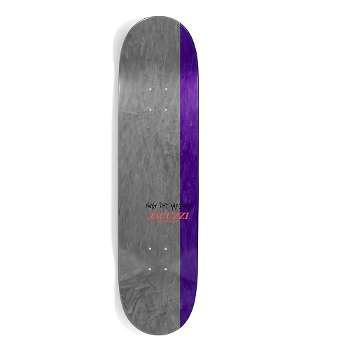A skateboard deck shown vertically against a white background, featuring a gray wood-grain finish with a bold purple stripe down the right side and a small red and black Jacuzzi logo near the center.