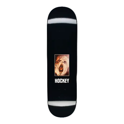 A black Hockey skateboard featuring a face wrapped like a mummy screaming and the text Hockey on a white background.