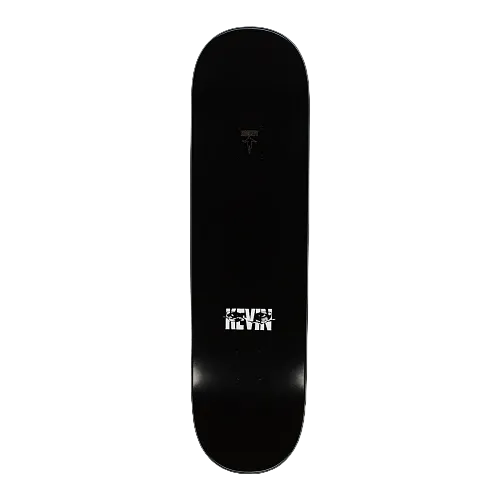 Top of a black Hockey skateboard with the text Kevin on a white background. 