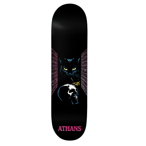 A black deathwish skateboard featuring a cat looking at a skull with the text Athans.