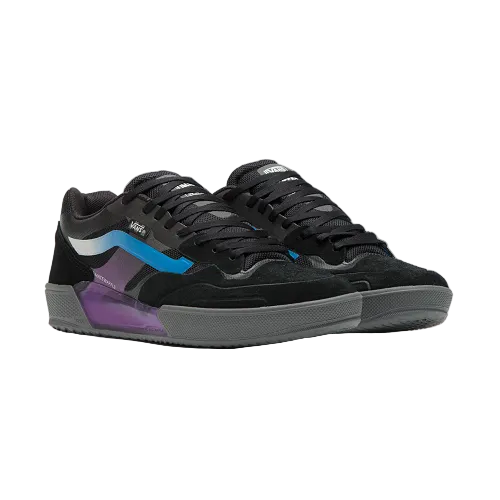 Black sneakers with purple and blue accents on a light gray background
