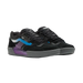 Black sneakers with purple and blue accents on a light gray background