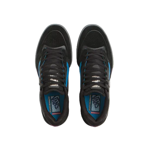 Black sneakers with blue accents on a white background
