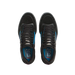 Black sneakers with blue accents on a white background
