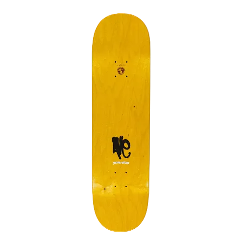 Top view of an FA skateboard in yellow stain with the text AVE and Fucking Awesome on a white back ground. 