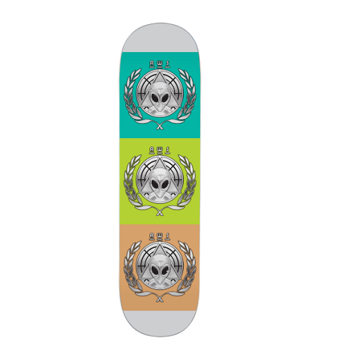 A skateboard deck shown vertically against a plain white background, featuring three stacked horizontal panels in teal, lime green, and peach-orange, each with a silver alien emblem inside a laurel wreath.