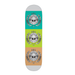 A skateboard deck shown vertically against a plain white background, featuring three stacked horizontal panels in teal, lime green, and peach-orange, each with a silver alien emblem inside a laurel wreath.