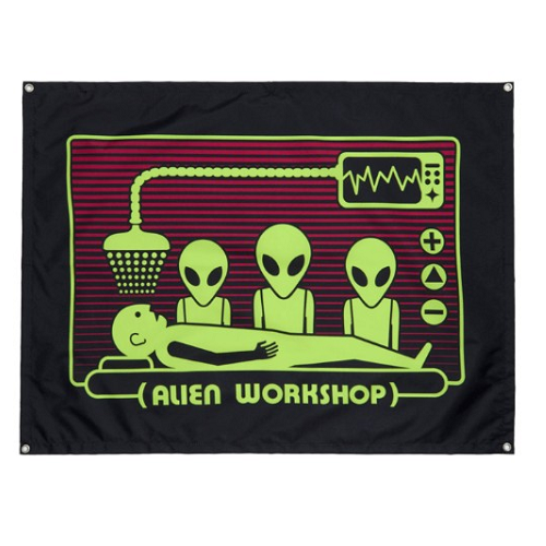 Alien Workshop skateboards cloth banner featuring drawing of their abduction scanner graphic of 3 aliens scanning a human body in colors or neon green, maroon and black. 