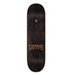 Top of a black stained skateboard with the creature logo. 