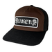 A brown and black trucker hat with a rectangular front patch featuring the word 'BAKER' in white gothic lettering between two skull illustrations, shown on a plain white background.