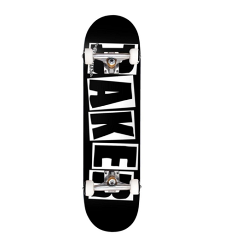 A complete Baker skateboard with the baker blocks logo in white on black background.
