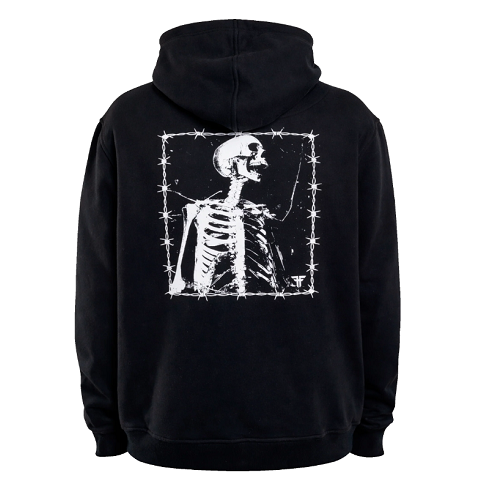 A black pullover hoodie shown from the back, featuring a large white graphic print of a skeleton framed by barbed wire on the back.