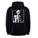 A black pullover hoodie shown from the back, featuring a large white graphic print of a skeleton framed by barbed wire on the back.