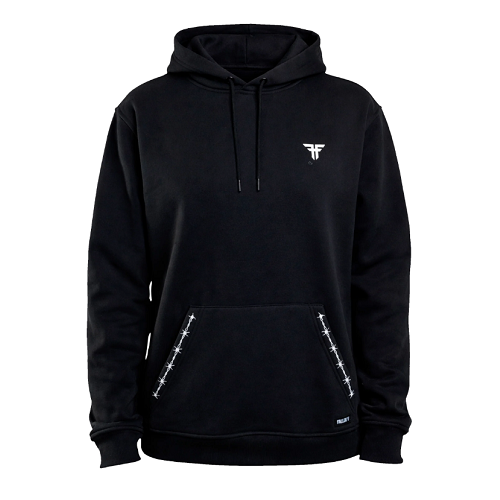 A black pullover hoodie with a small white stylized logo on the left chest and white stitched graphic details on the front pocket, shown against a plain white background.