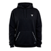 A black pullover hoodie with a small white stylized logo on the left chest and white stitched graphic details on the front pocket, shown against a plain white background.