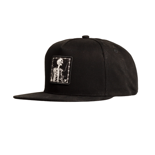 Black baseball style hat with patch of skeleton and barb wire on a white background. 