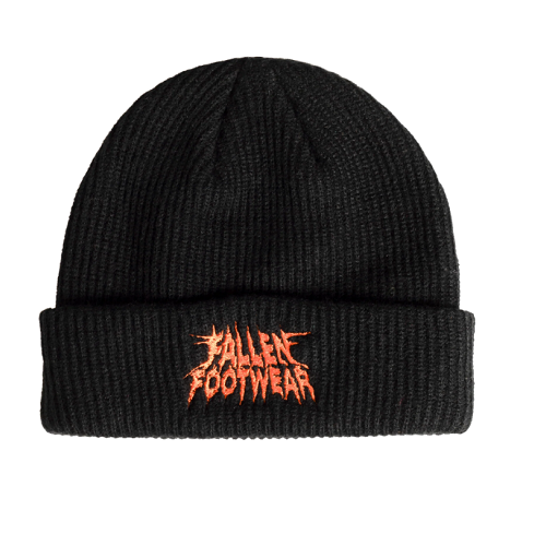 A black ribbed knit beanie hat featuring the orange embroidered logo for 'Fallen Footwear' on the front cuff, set against a plain white background.