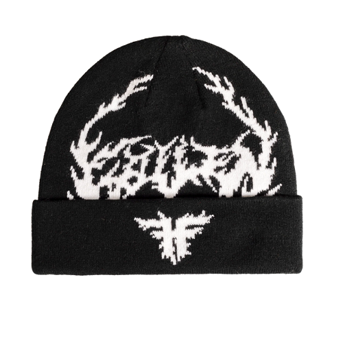 A black knit beanie hat featuring a white knitted graphic of lightning bolts across the top and a matching white winged emblem on the folded cuff, shown against a plain white background.