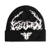 A black knit beanie hat featuring a white knitted graphic of lightning bolts across the top and a matching white winged emblem on the folded cuff, shown against a plain white background.
