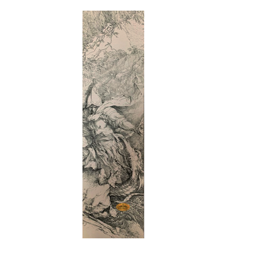 Skateboard griptape featuring artwork of a man slaying a mythical beast in grey and beige tones.