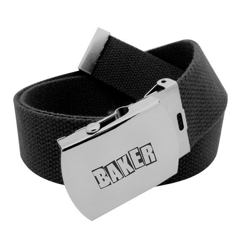 A black woven web belt with a polished silver metal buckle printed with the name 'BAKER' in a bold outlined font, shown on a plain white background.