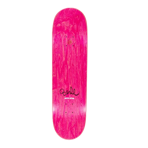 Top of a FA skateboard in pink stain with the name Berle and Fucking Awesome on a white background. 