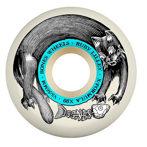 A white skateboard wheel featuring a black cat and fish bones on a white background. 