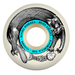 A white skateboard wheel featuring a black cat and fish bones on a white background. 