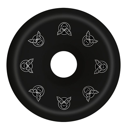 A black pig skateboard wheel with several small pig heads. 