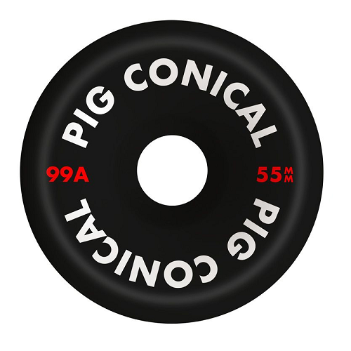 A black pig skateboard wheel with the text pig conical 99a 55mm.