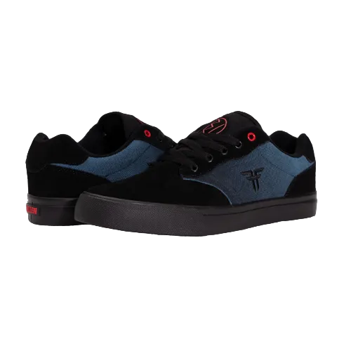 Side and back view of black and blue Fallen The Goat shoe with red BW text on tounge.