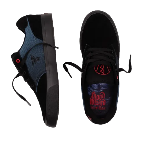 A side and top view of blue and black FAllen footwear The Goat shoe with text on side FF and text on insole Blood Wizard.